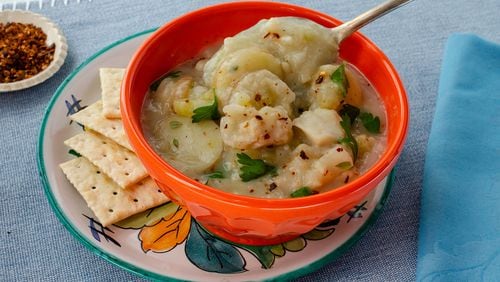 Cauliflower puree lends this dairy-free fish chowder a creamy texture without the heaviness of cream. (Virginia Willis for The Atlanta Journal-Constitution)