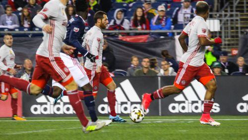 Atlanta United players in the first half against New England on Saturday at Gillette Stadium. (Mike Alfano / Atlanta United)