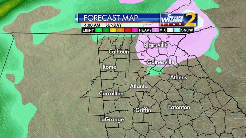 Sleet and freezing rain early Sunday morning may briefly impact the northeastern part of metro Atlanta. (Credit: Channel 2 Action News)
