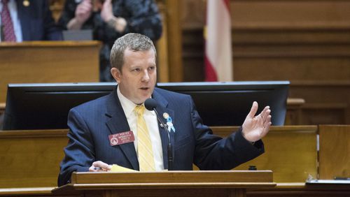 02/28/2018 -- Atlanta, GA -  Rep. Bert Reeves, R - Marietta, takes to the podium to endorse HB 605, the Hidden Predator Act, at the House Chambers during Crossover day at the Georgia State Capitol in Atlanta, Wednesday, February 28, 2018. ALYSSA POINTER/ALYSSA.POINTER@AJC.COM