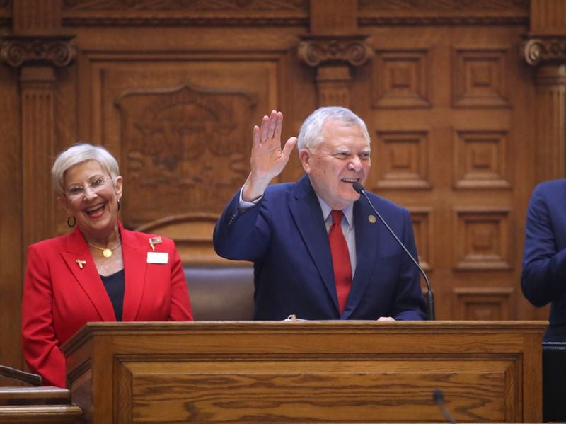 Gov. Nathan Deal addresses the senate with first lady Sandra Deal during Gov. Deal's last Sine Die during Legislative Day 40 at the Georgia State Capitol on March 29, 2018, in Atlanta. JASON GETZ / AJC