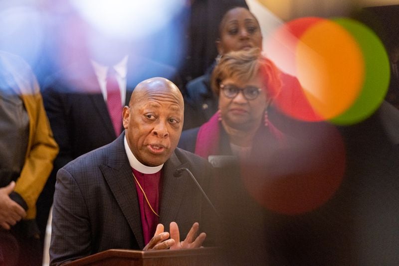 Christian Methodist Episcopal Church Bishop Thomas L. Brown Sr. speaks Monday about a voter turnout campaign his church is launching in conjunction with the African Methodist Episcopal Church. (Arvin Temkar / arvin.temkar@ajc.com)