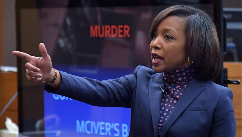 March 13, 2018 Atlanta - Seleta Griffin, Chief Senior Assistant District Attorney, is making a hand gesture as she makes an opening statement to members of the jury during the first day of trial for Tex McIver before Fulton County Chief Judge Robert McBurney on Tuesday, March 13, 2018. HYOSUB SHIN / HSHIN@AJC.COM