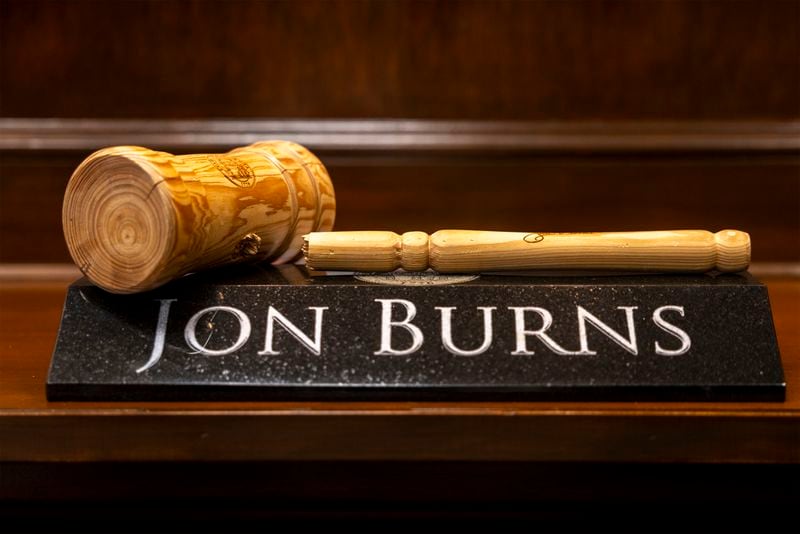 A broken gavel is shown in the office of House Speaker Jon Burns, R-Newington, in the Capitol, Thursday, February 22, 2024, in Atlanta. House Speaker Burns has broken several gavels when trying to get representatives to pay attention during the 2024 Legislative Session. (Jason Getz / jason.getz@ajc.com)