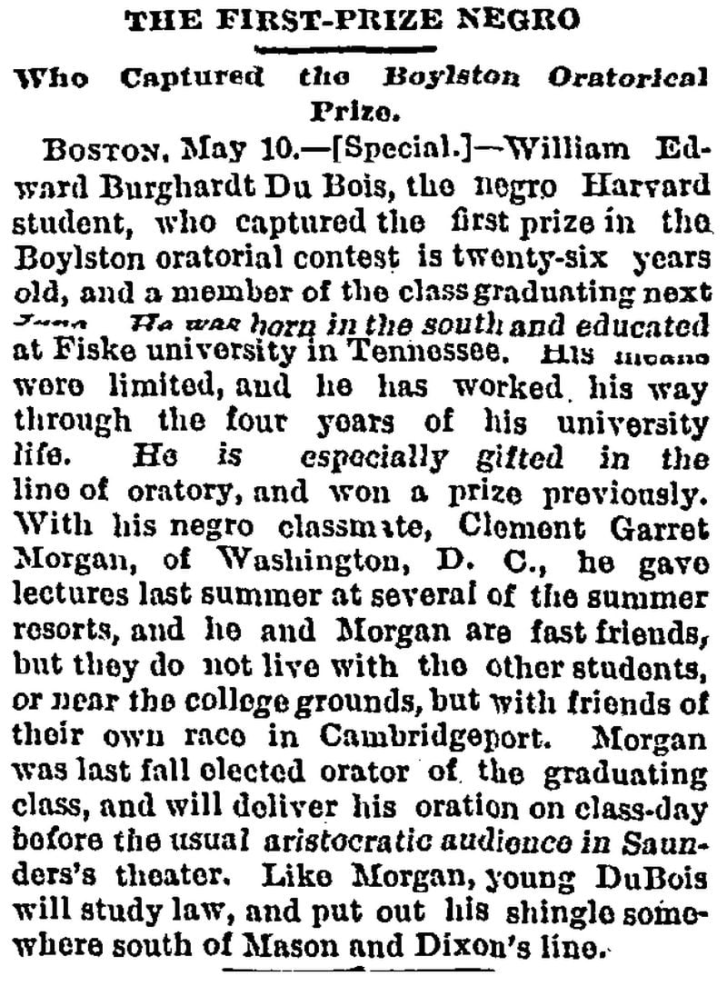 This Atlanta Constitution article from May 11, 1890 describes a black Harvard student named W.E.B. Du Bois winning an oratory contest. Du Bois would move to Atlanta in 1897 to teach sociology at Atlanta University.
