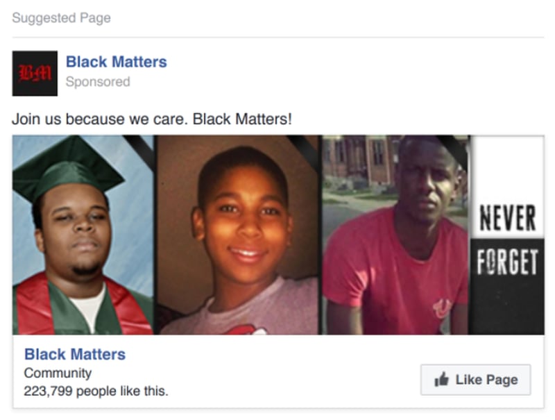 "Black Matters" is a Russian-made organization on Facebook aimed at uniting black activists in Atlanta, Maryland, Ferguston and St. Louis, Missouri and in Virginia.