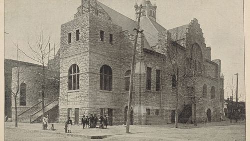 Big Bethel A.M.E. Church, as it appeared circa 1900. A fire in 1923 gutted the building. It was restored over the next decade by black architect J.A.. Lankford and builder Alexander Hamilton in the Romanesque Revival style. The famous spire with the "Jesus Saves" sign was added at this time. (Schomburg Center at New York Public Library)