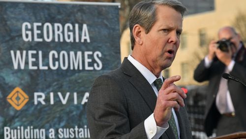 During Gov. Brian Kemp's inaugural speech Thursday , he staked a second-term goal of making Georgia the “electric mobility capital of America.” In this file photos, Kemp speaks during a news conference in Atlanta about electric vehicle maker Rivian. (Hyosub Shin/The Atlanta Journal-Constitution)