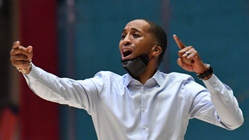 Pace Academy coach Sharman White shouts instructions during the 2021 GHSA State Basketball Class 2A Boys Championship game at the Macon Centreplex in March 2021. Pace Academy won 73-42 over Columbia. (Hyosub Shin / Hyosub.Shin@ajc.com)