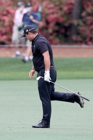 April 10, 2021, Augusta: Patrick Reed reacts to his second shot on the second hole during the third round of the Masters at Augusta National Golf Club on Saturday, April 10, 2021, in Augusta. Curtis Compton/ccompton@ajc.com