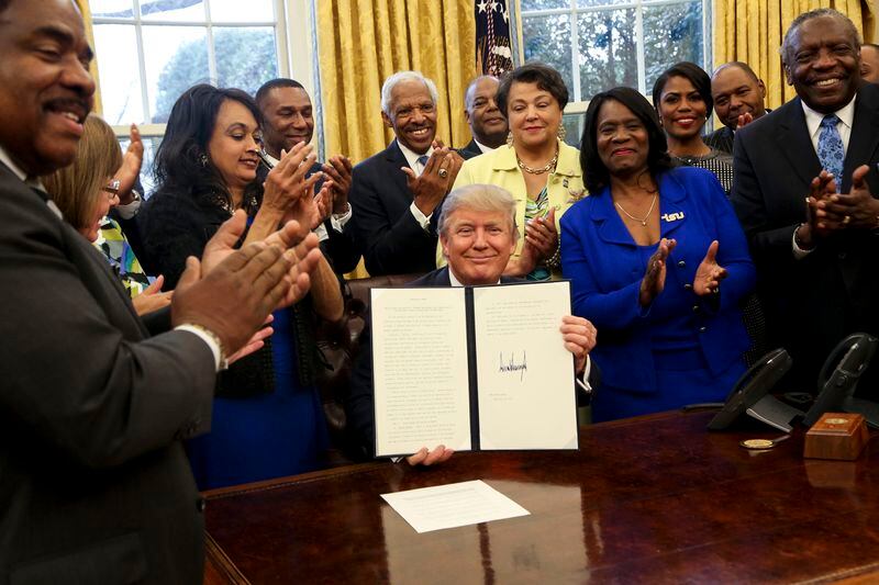 President Donald Trump signed the HBCU Executive Order to support historically black colleges and universities on February 28, 2017, in the Oval Office of the White House in Washington, D.C. Many say little has been done since.