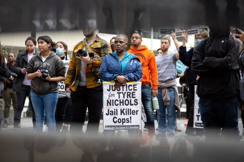 Protestors gather at Andrew Young Plaza on Saturday, January 28, 2023 against the killing of Tyre Nichols by Memphis police. (Arvin Temkar / arvin.temkar@ajc.com)