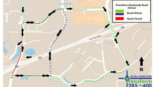 Map depicts recommended detours when Peachtree Dunwoody Road is closed at I-285 in the Sandy Springs-Dunwoody area for a lane restriping project. GEORGIA DEPARTMENT OF TRANSPORTATION