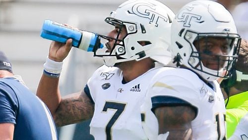 Georgia Tech quarterback Lucas Johnson hydrates during the Yellow Jackets' 14-10 win over South Florida at Bobby Dodd Stadium September 7, 2019. (AJC photo by Alyssa Pointer)