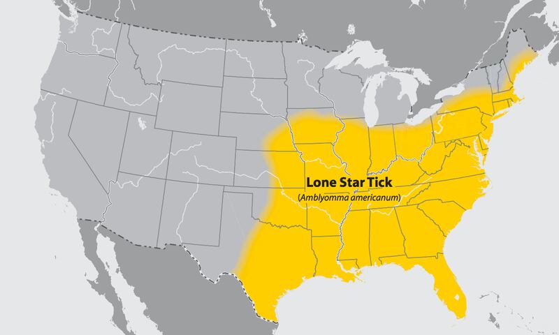 "This map shows the extent of established Amblyomma americanum tick populations, commonly known as lone star ticks. However, tick abundance within this area varies locally. The map does not represent the risk of contracting any specific tickborne illness." - CDC