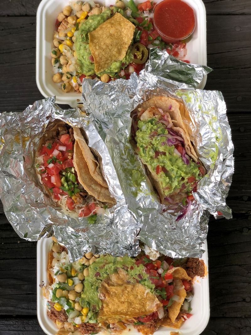 Available for takeout from Lake Burrito are (from top) a grilled chicken bowl, chicken tinga and fish tacos, and nachos with ground beef. CONTRIBUTED BY WENDELL BROCK
