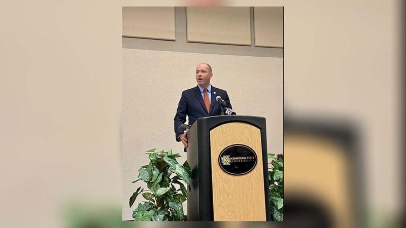 Georgia Attorney General Chris Carr addresses a crowd at the Kennesaw State University Center during a Statewide Opioid Task Force meeting Tuesday. (Courtesy of Georgia Attorney General's Office)