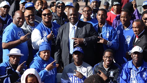Phi Beta Sigma Fraternity's International President Jonathan A. Mason Sr., with brothers at the 20th anniversary of the Million Man March. The fraternity played a key role in the original march.