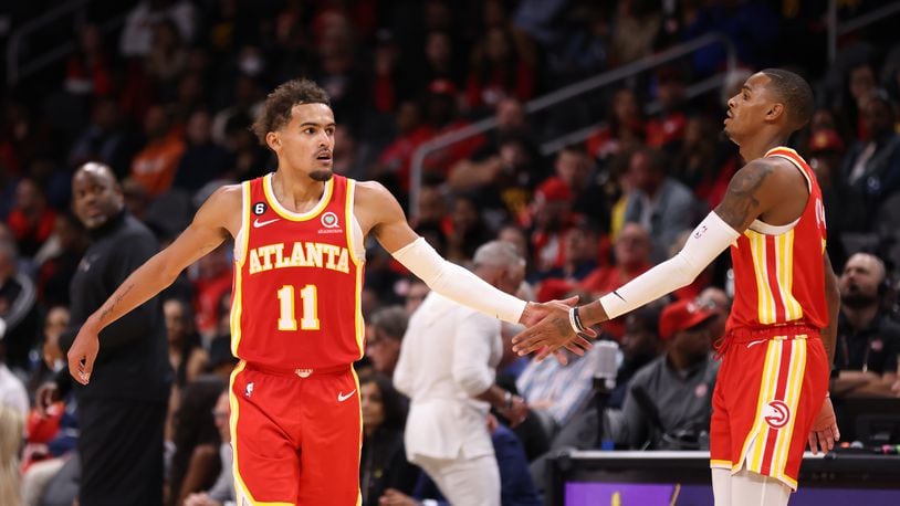 Hawks guard Trae Young (11) and guard Dejounte Murray have helped lead Atlanta to the third-best record in the Eastern Conference. (Jason Getz / Jason.Getz@ajc.com)