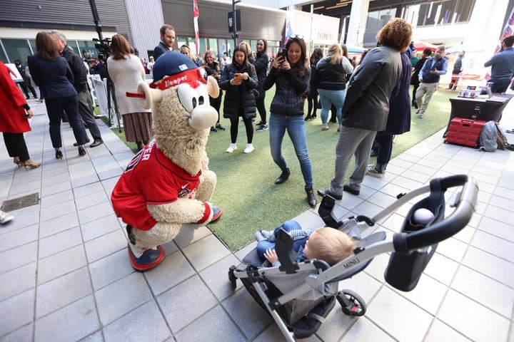 Lisa Cottam takes a photo of her son Cayden with the Atlanta Braves mascot Blooper helping.  Miguel Martinez for The Atlanta Journal-Constitution 