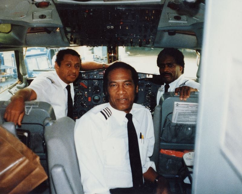 The first all Black cockpit crew in the U.S. on a commercial flight included Capt. David Harris (left), Jim Green and Herman "Sam" Samuels.