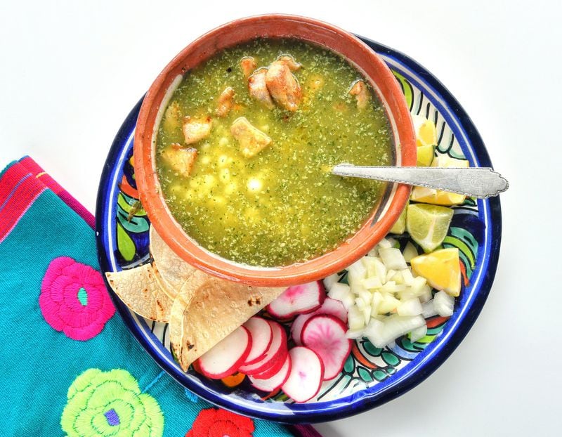 Mexican Green Posole isn’t just for special occasions. You can also make a red version of this hearty soup by swapping out the chiles you use. STYLING BY LISA HANSON / CONTRIBUTED BY CHRIS HUNT PHOTOGRAPHY