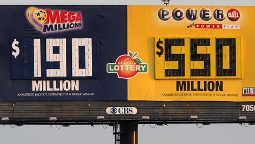 May 16, 2013 Atlanta: A Georgia Lottery billboard in Southwest Atlanta ticked up to $550 Million on Thursday May 16, 2013 after nobody matched all six numbers for Wednesday's drawing. BEN GRAY / BGRAY@AJC.COM