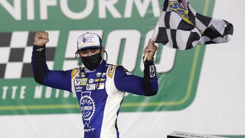 Chase Elliott does a solo celebration after winning last week at Charlotte. (AP Photo/Gerry Broome)