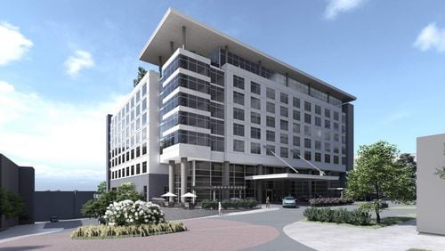 Rendering of an eight-story Hilton hotel proposed to anchor a $125 million mixed-use development along Spring Hill Road in Smyrna. (Photo provided/RASS Associates)