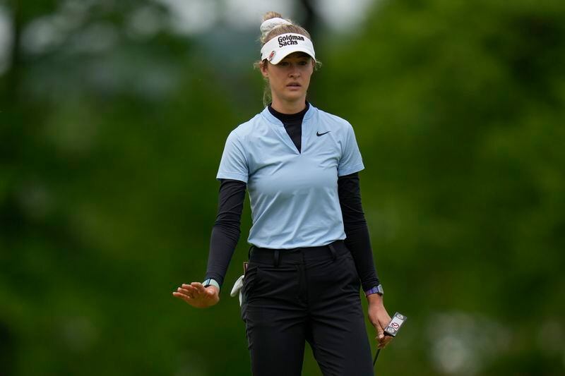 Nelly Korda reacts to her shot on the second green during the first round of the LPGA Cognizant Founders Cup golf tournament, Thursday, May 9, 2024, in Clifton, N.J. (AP Photo/Seth Wenig)