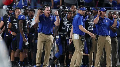 Georgia State Panthers head coach Shawn Elliott reacts after a touchdown against the Tennessee State Tigers during the second half at Georgia State Stadium Thursday in Atlanta, Ga., August 31, 2017. PHOTO / JASON GETZ