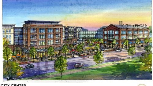 Artist’s rendering depicts “City Center,” the mixed-use project proposed by S.J. Collins Enterprises for the Southern Skillet site in Roswell. ROSWELL DOWNTOWN DEVELOPMENT AUTHORITY