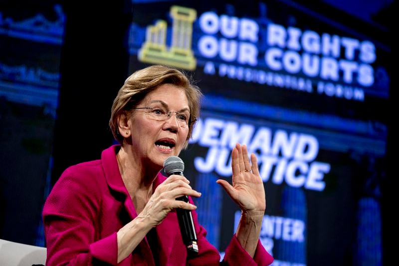 Democratic presidential candidate Sen. Elizabeth Warren, D-Mass., speaks at "Our Rights, Our Courts" forum New Hampshire Technical Institute's Concord Community College, Saturday, Feb. 8, 2020, in Concord, N.H. (AP Photo/Andrew Harnik)