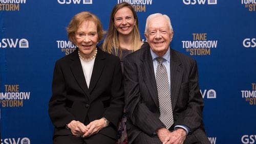 Archive photo of Dr. Jen Olsen (center), chief executive of the Rosalynn Carter Institute for Caregivers, with Rosalynn and Jimmy Carter. Courtesy of Rosalynn Carter Institute for Caregivers