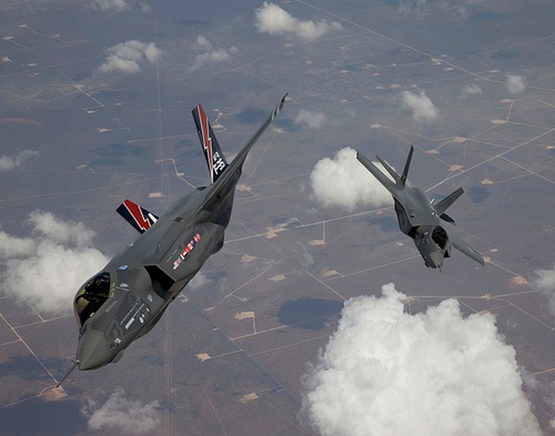 Lockheed Martin Corp. will assemble the center wing of the new F-35 Lightning II fighter jet at its facility in Marietta. Two of the fighters are shown en route from Fort Worth, Texas to Edwards Air Force Base in California. Courtesy of Lockheed Martin Corp.