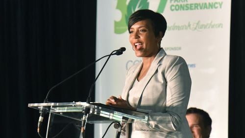 April 25, 2019 Atlanta - Mayor Keisha Lance Bottoms delivers a keynote address during 2019 Piedmont Park Conservancy luncheon at The Promenade at Legacy Fountain at Piedmont Park on Thursday, April 25, 2019. For more than two decades, hundreds of Atlantans have gathered under the tent every spring to support beautiful Piedmont Park. HYOSUB SHIN / HSHIN@AJC.COM