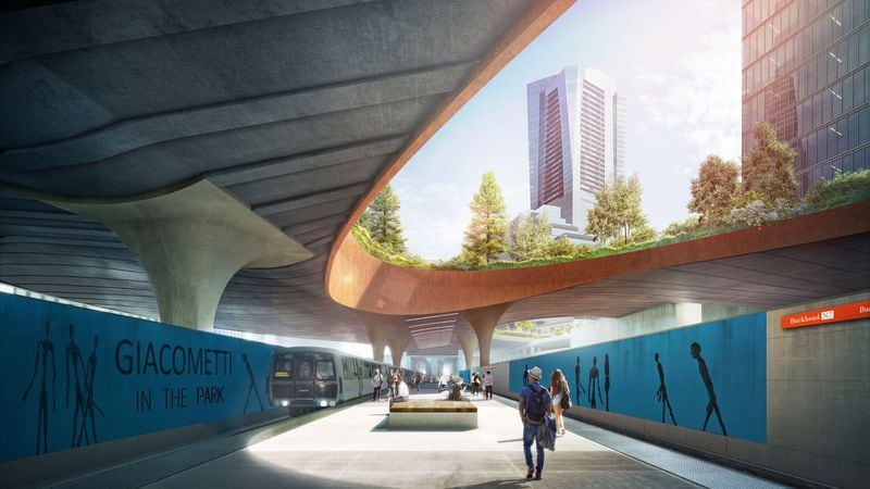 A rendering of a proposed deck park that would cap a portion of Ga. 400 at the Buckhead MARTA station shows how the transit station might look. Rogers Partners Architects + Urban Designers