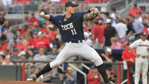 May 8, 2018 Atlanta - Georgia Tech's Tristin English (11) throws a pitch in the first inning in the 16th annual Farmview Market Spring Classic during a NCAA college baseball game at SunTrust Park on Tuesday, May 8, 2018. HYOSUB SHIN / HSHIN@AJC.COM