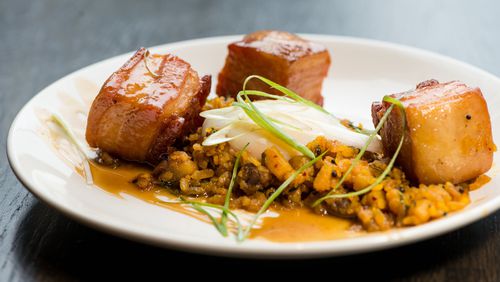 One appetizer at Amara is pork belly with potato poha hash, 63-degree egg, and jaggery caramel. The dish comes out better at some times than at others. CONTRIBUTED BY MIA YAKEL