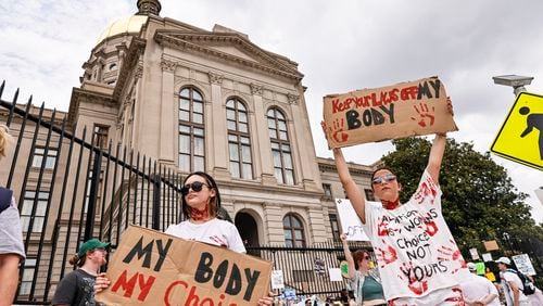 Abortion-rights protesters at the steps of The Capitol on Sunday, June 26, 2022. (Natrice Miller / natrice.miller@ajc.com)