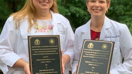 Teachers Julie McKenna and Laurie Davis led the effort to get state certification for Starr's Mill High School's healthcare education program. Courtesy FCBOE