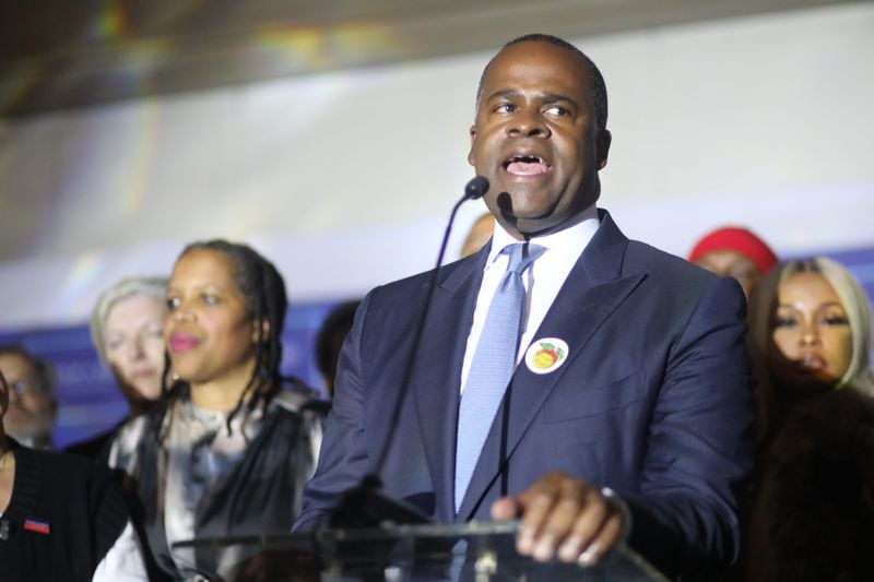 Former Atlanta Mayor Kasim Reed speaks to the hopeful crowd during Tuesday's election night celebration at the Hyatt Regency Hotel. He asked the public to follow the elections closely, on Tuesday, Nov. 2, 2021. (Miguel Martinez for The Atlanta Journal-Constitution)