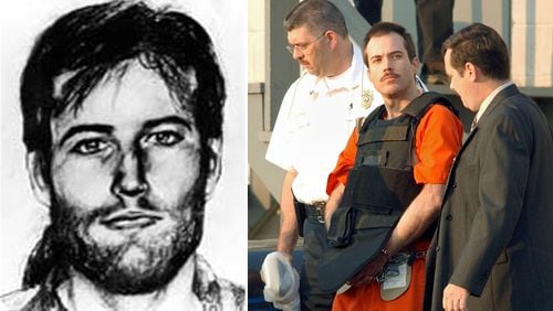 At left is a police sketch, based on witness statements, of Eric Robert Rudolph, who bombed the 1996 Summer Olympics in Atlanta, as well as a lesbian nightclub there and abortion clinics in Atlanta and Birmingham, Alabama. At right, Rudolph is escorted to a court hearing following his capture in Murphy, North Carolina, in 2003, more than five years after his serial bombings ended.