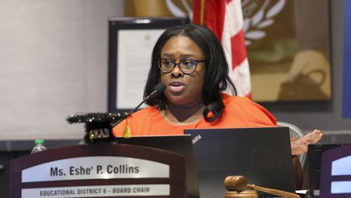 Atlanta Public Schools Board Chair Eshe’ Collins is shown during a work session to discuss the preliminary budget on Monday, May 1, 2023. (Jason Getz / Jason.Getz@ajc.com)