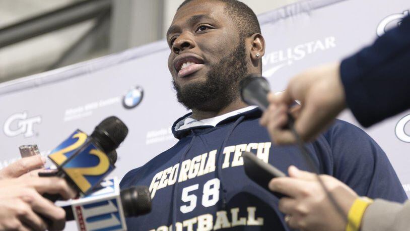 Former Georgia Tech center Freddie Burden (58) speaks with reporters during Pro Day at the Georgia Tech Mary R. & John F. Brock practice facility in Atlanta, Georgia, on Friday, March 17, 2017. (DAVID BARNES / SPECIAL)