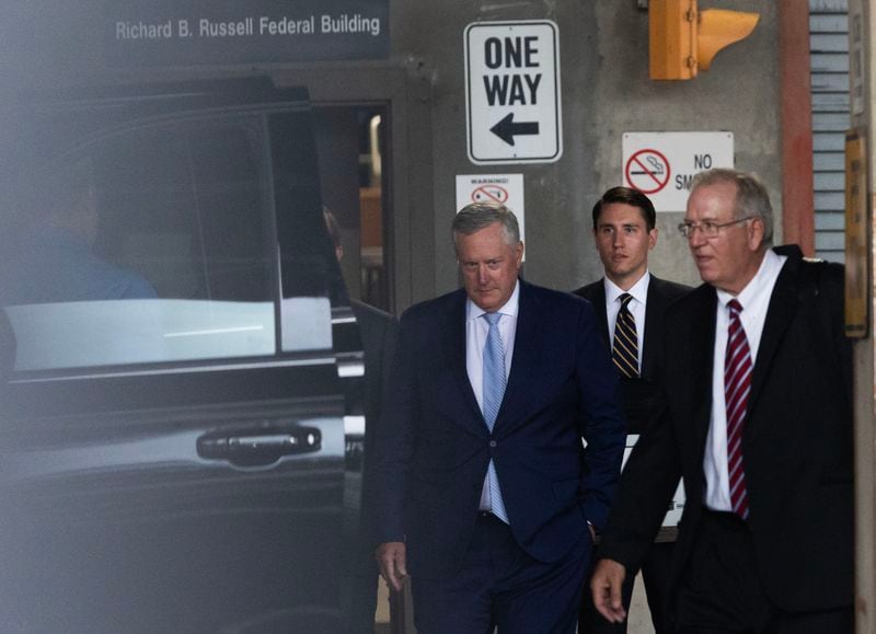 Former White House Chief of Staff Mark Meadows walks out of the Richard B. Russell Federal Courthouse after his hearing to move the Georgia Rico case to Federal Court on August 28, 2023 in Atlanta. (Michael Blackshire/Michael.blackshire@ajc.com)