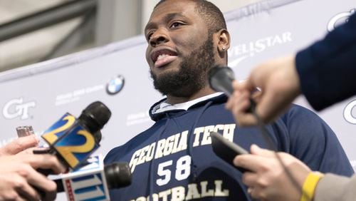 March 17, 2017, Atlanta - Former Georgia Tech offensive lineman Freddie Burden (58) speaks with reporters during Pro Day at the Georgia Tech Mary R. & John F. Brock practice facility in Atlanta, Georgia, on Friday, March 17, 2017. (DAVID BARNES / SPECIAL)