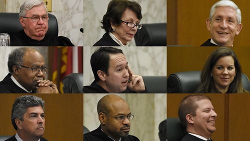The Supreme Court of Georgia (top row, from left): Chief Justice Harris Hines; Justice Carol Hunstein; Justice David Nahmias; (second row, from left): Justice Robert Benham, Justice Keith Blackwell, Justice Britt Grant; (third row, from left): Justice Michael Boggs, Justice Harold Melton, Justice Nels Peterson. (Photos by David Barnes / AJC)