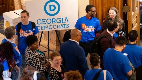 Democrats line up to sign paperwork to run for election at the Capitol in Atlanta on Monday, March 4, 2024. Today is the first day to file paperwork to qualify for legislative and congressional races. (Arvin Temkar / arvin.temkar@ajc.com)