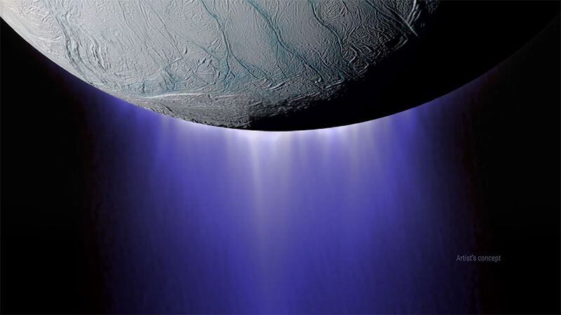 An artist's conception of Enceladus' south pole, shooting out icy plumes.